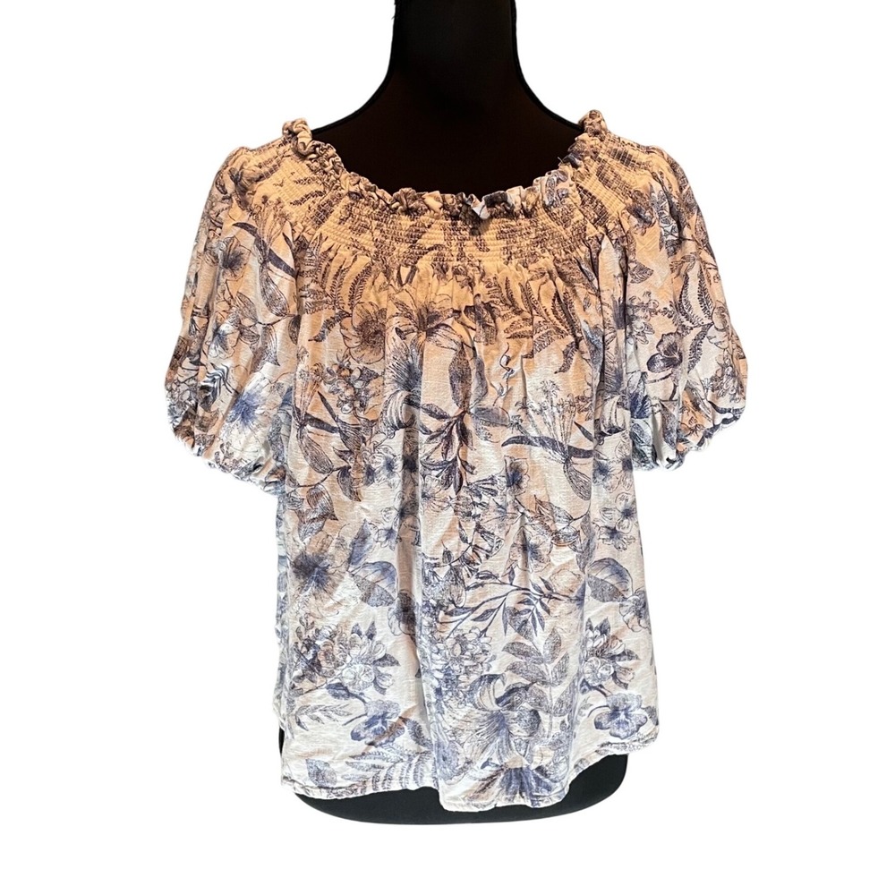 Blue White Floral Smocked Puff Sleeve Rayon Linen Blouse S Cottagecore Coastal